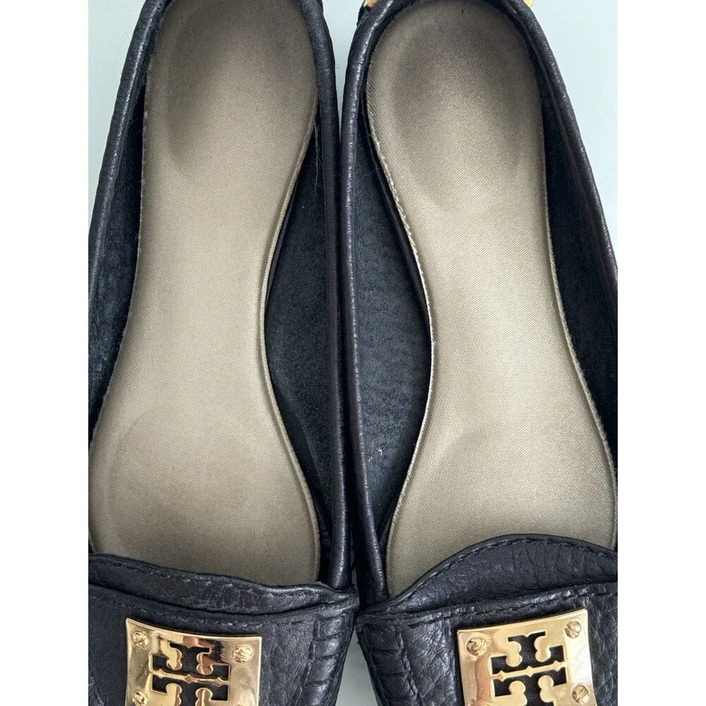 ✿ Tory Burch Black Leather Logo Ballet Flats Gold Plate Size 8M